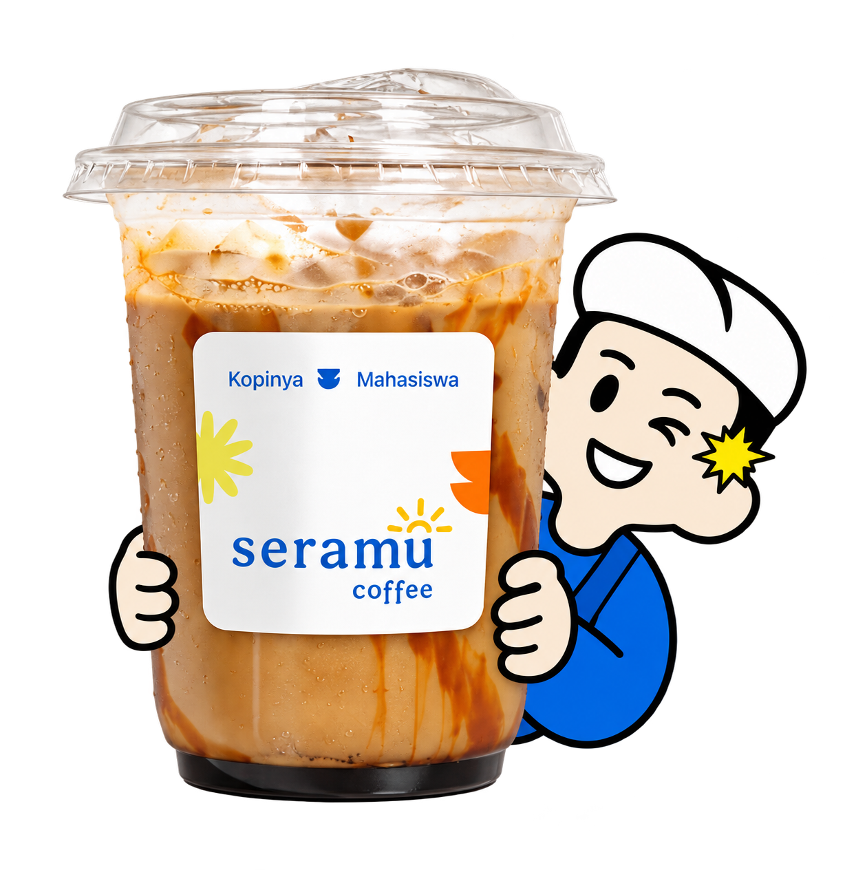 Miko tersenyum sambil memeluk es kopi Seramu